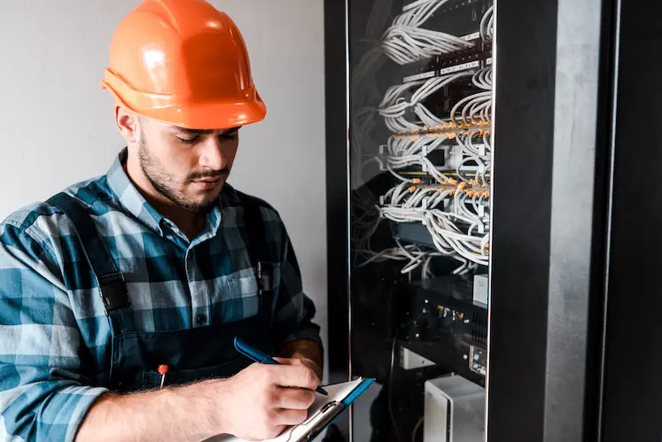 Elettricista durante la verifica di un impianto elettrico a Bergamo