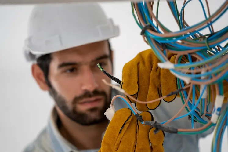 Elettricista che ripara un corto circuito su un quadro elettrico a Bergamo