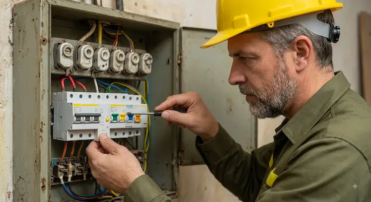 Elettricista durante la sostituzione di componenti elettrici a Bergamo