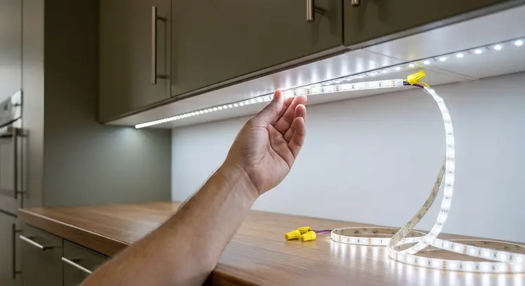 Elettricista durante l'installazione di illuminazione LED a Bergamo